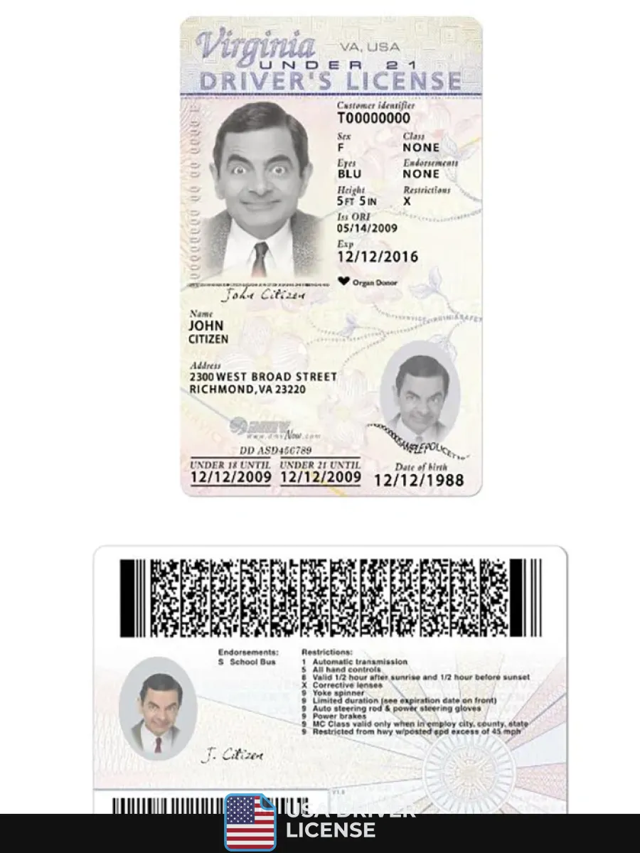 Usa Virginia Driving License Under 21 New Version — Driver License