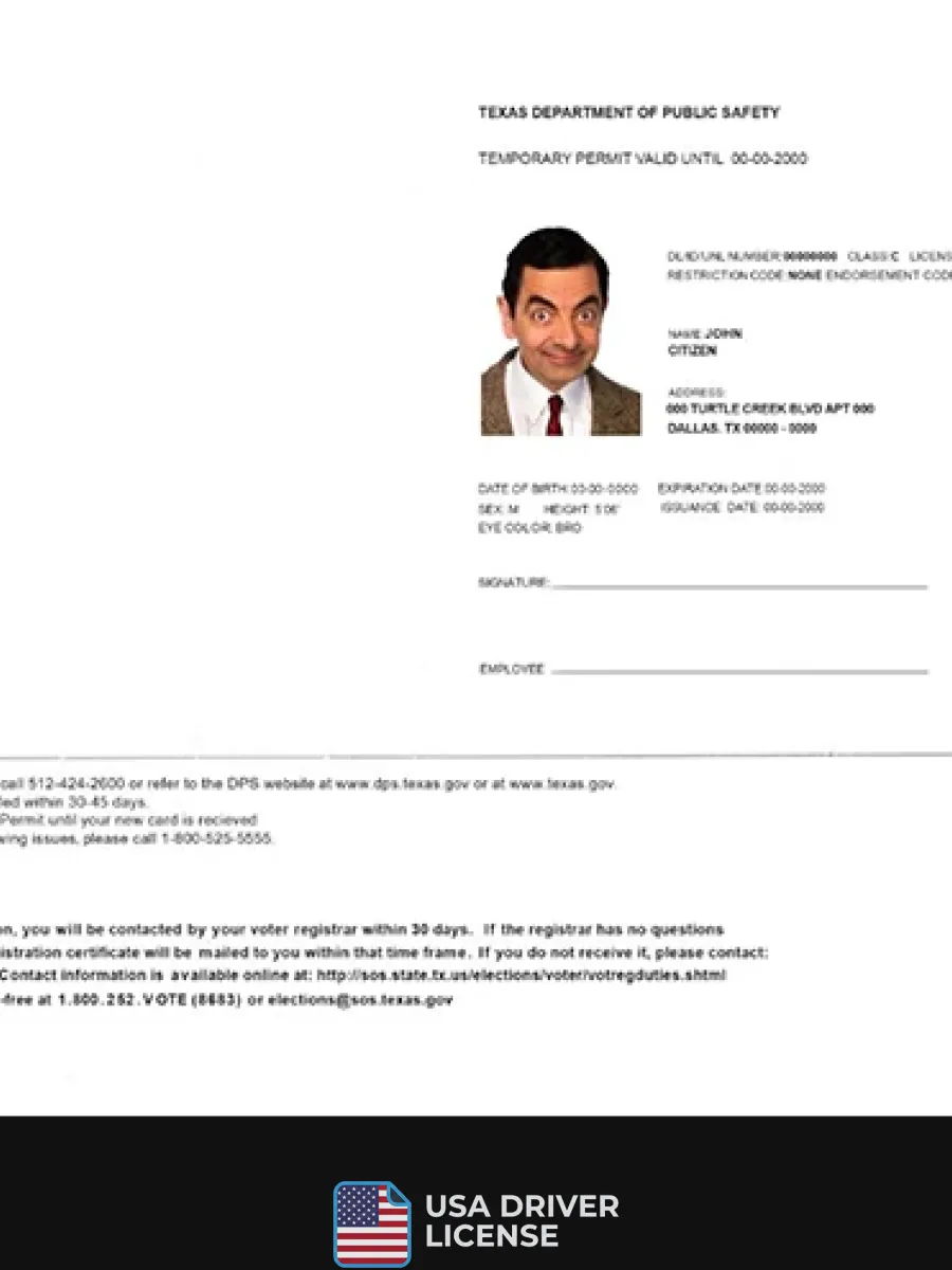 Usa Texas Temporary Driving Permit Psd Editable Template — Driver License