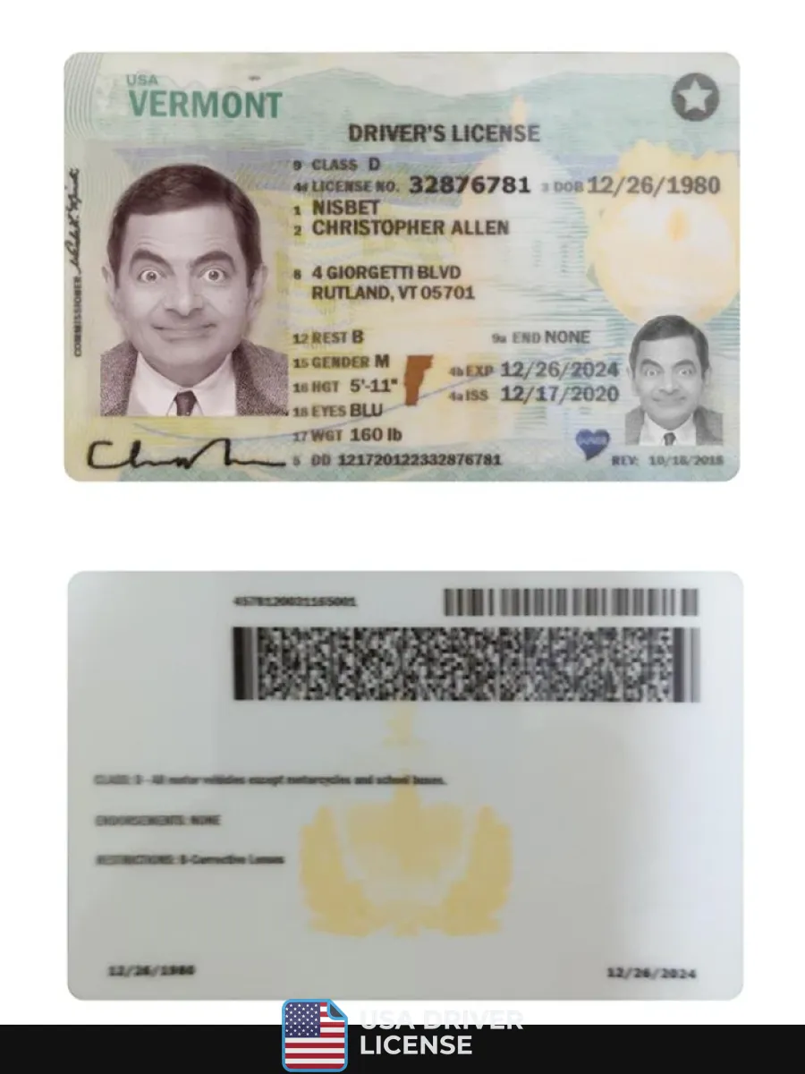 Usa Vermont Driving License 2020 Present — Driver License